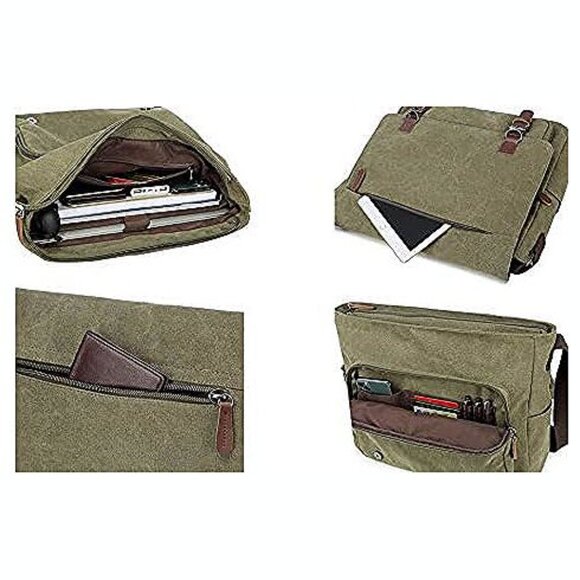 Messenger Bag for Men Retro, Canvas Satchel casual Briefcases Green15 - Picture 5 of 9